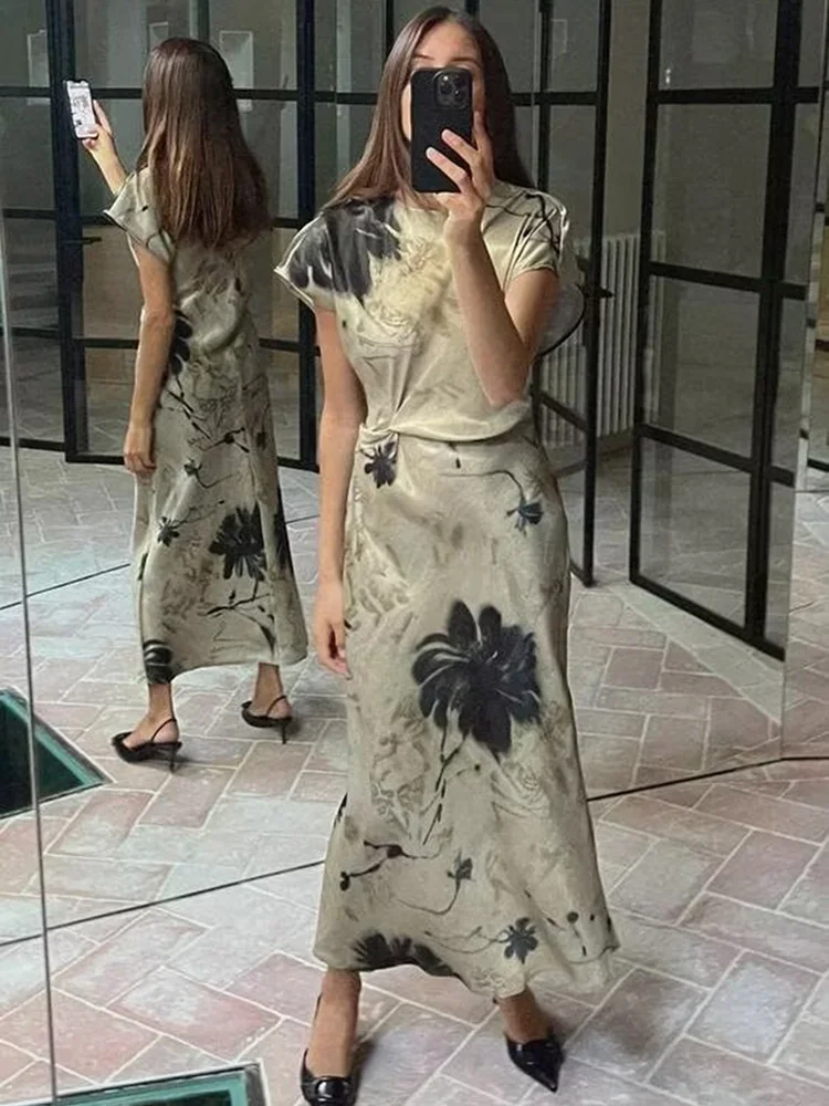 

SIYANG Women Fashion Chic Floral Print Satin Midi Dress Female Side Knot Back Button O-Neck Dresses Vestidos