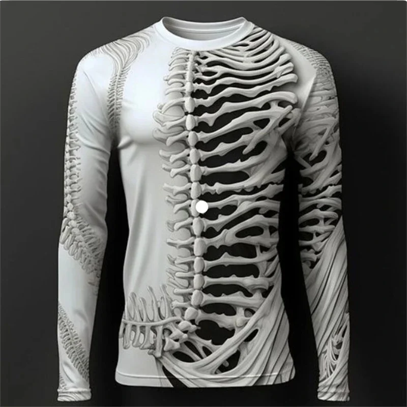 2026 New Autumn/Winter Men's 3D Full Body Skeleton Printed Long Sleeve Gothic Skeleton Pattern Round Neck Halloween Horror Punk