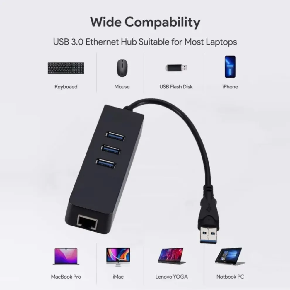 3 Port USB 3.0 Ethernet LAN RJ45 Hub 100Mbps Network Adapter 4 Port Wired External High Speed USB Hub For PC Laptop Mac Windows