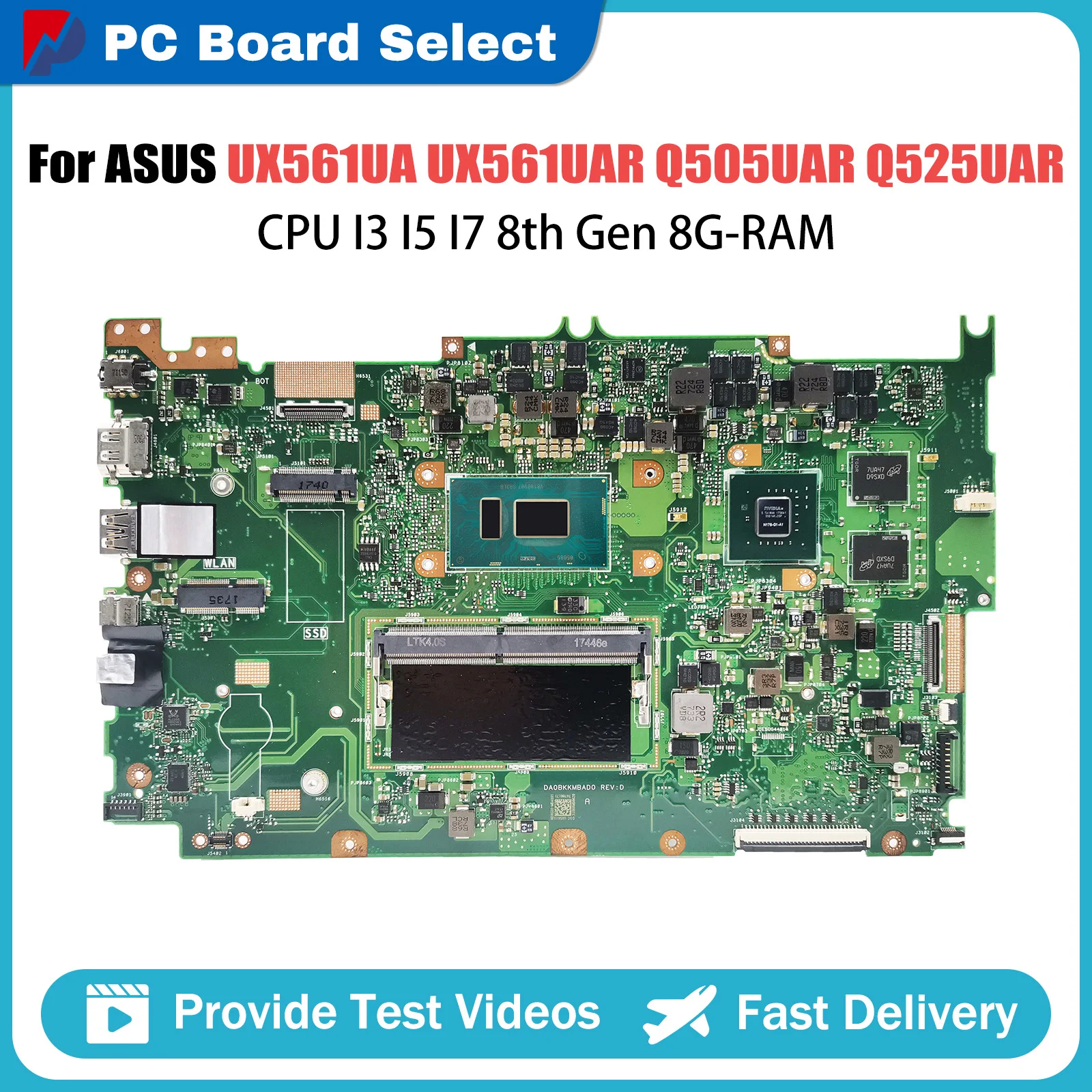 

UX561UA Notebook Mainboard For ASUS UX561UAR Q505UAR Q525UA Q525UAR Laotop Motherboard CPU I3 I5 I7 8th Gen 8G-RAM