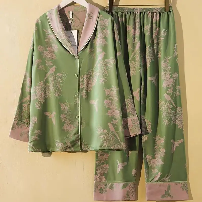 High-end New Chinese Flower Pajamas Sets Women's Casual Print Cardigan Shirts + Pants  2PCS Spring Summer Green Loungewear Suits