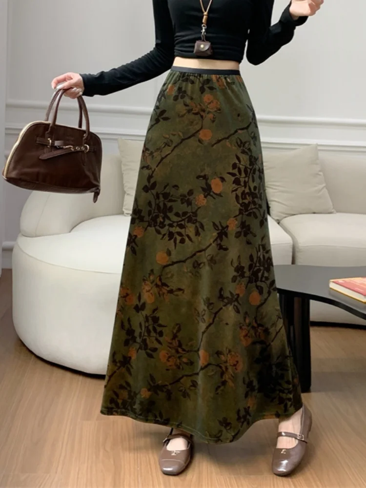 

SMTHMA 2025 Autumn/Winter Retro New Chinese Velvet Printed Skirt for Women Elastic High Waist A-line Skirt