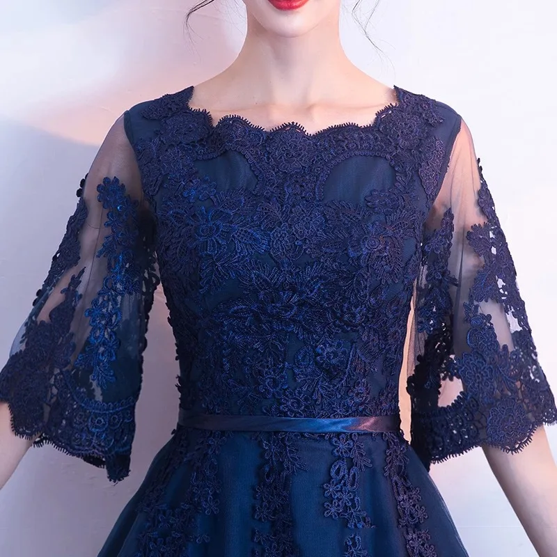 فساتين سهرة بحرية برقبة دائرية نصف كم مزينة بالدانتيل على شكل حرف A فساتين لحضور الحفلات الموسيقية عتيقة فستان سهرة رسمي طويل مخصص