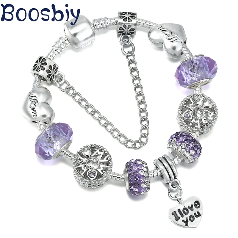 Purple Crystal Heart Beads Charm Bracelet With 