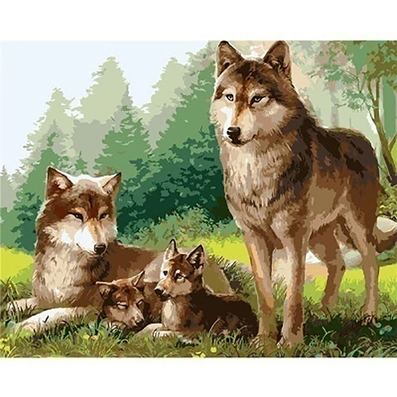 DIY Oil Painting Paint By Numbers Kits For Adult Paint Color According To The Numbers On The Canvas-Wolf And Family