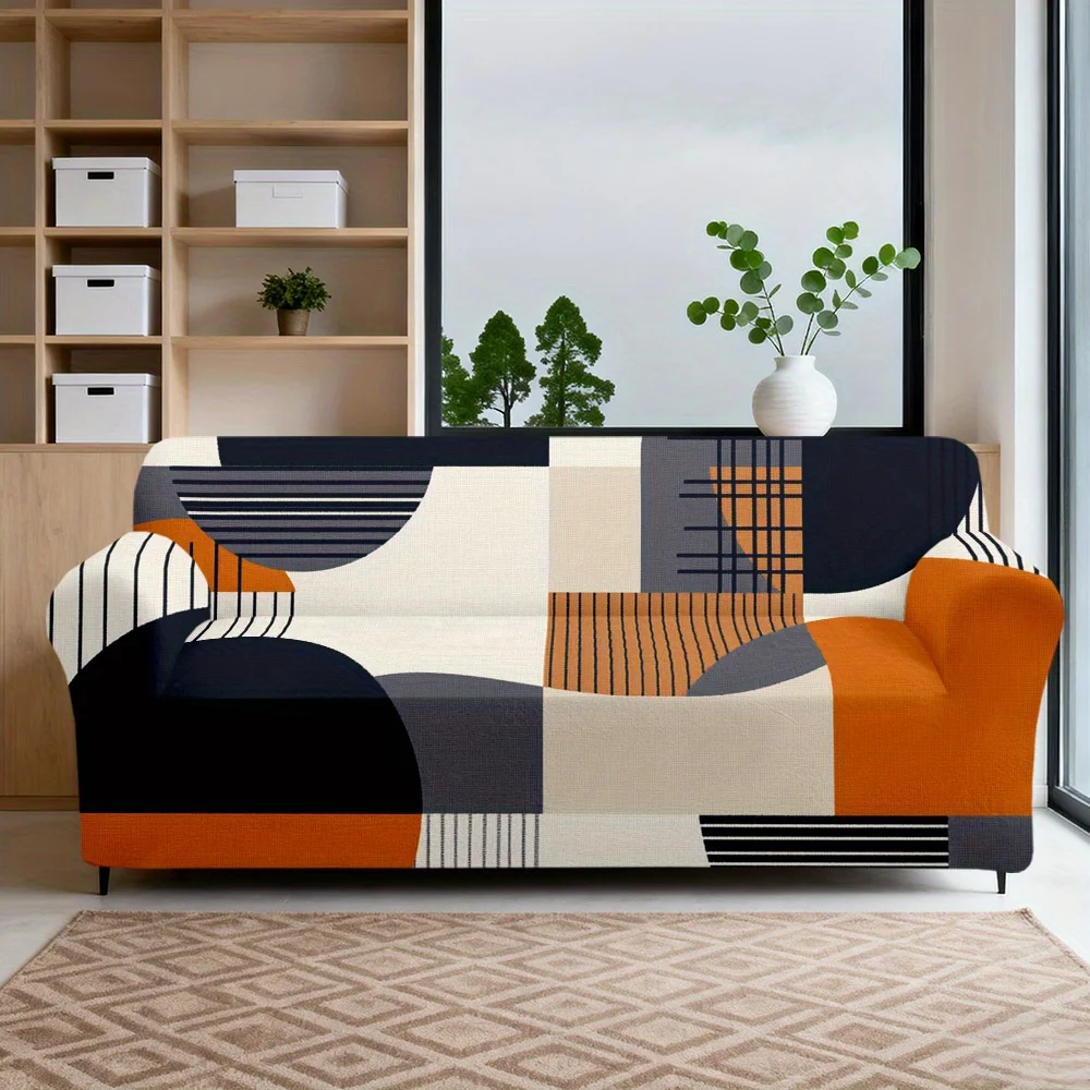 1pc Mid-Century Modern Geometric Abstract Print Stretch Sofa Cover, Removable Washable Couch Slipcover