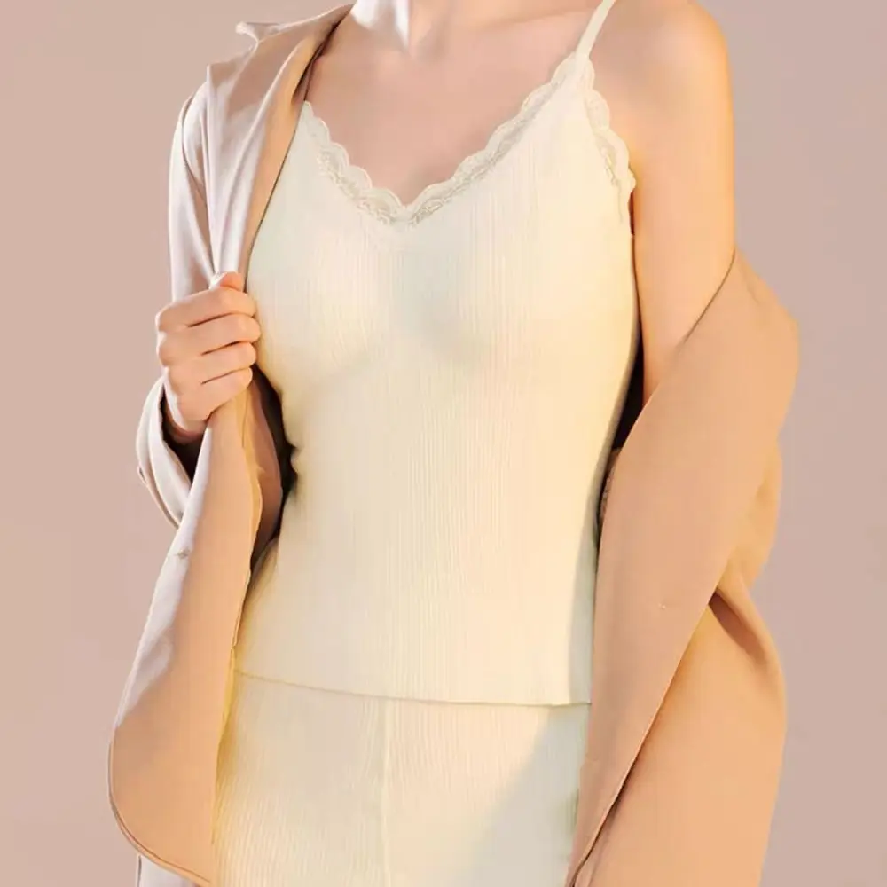 Ropa interior térmica de encaje Simple para mujer, camisola térmica ajustada con cuello en V para invierno, chaleco tejido de terciopelo sin mangas, Top cálido para Otoño e Invierno