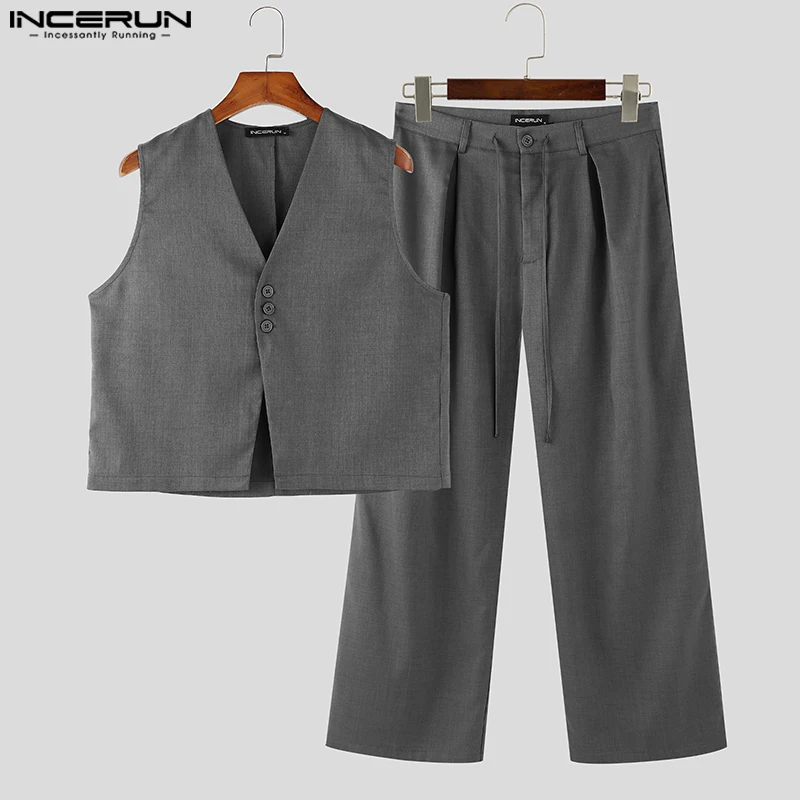 INCERUN-Conjuntos de estilo coreano para hombre, chalecos sin mangas con estilo y guapo, pantalón largo, informal, para caminar en la ciudad, traje liso, 2 piezas, S-5XL