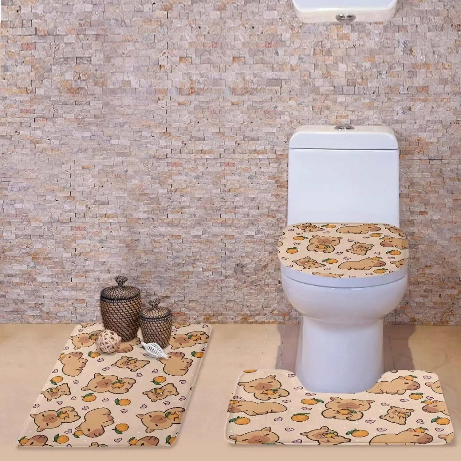3PCS Capybara Toilet Set, Beige Cartoon Print, Non-Slip Absorbent Washable Kids Bath Mat for Children's Bathroom Decor