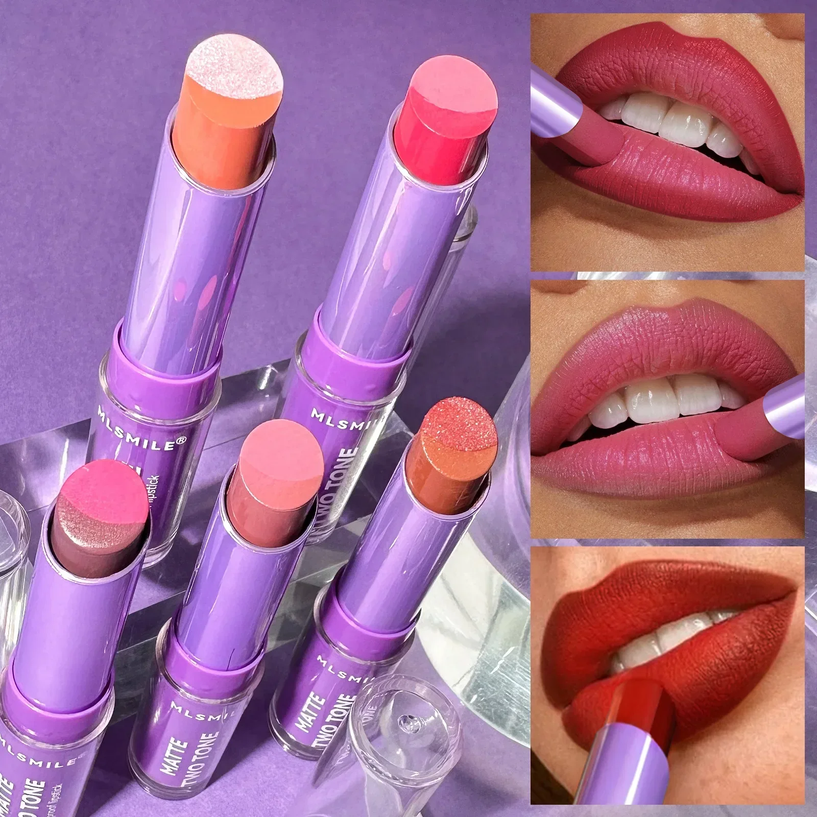 2 In 1 Color Long Lasting Non Stick Cup Lip Gloss Waterproof Two Tone Matte Lipstick Easy To Apply Creamy Lightweight Texture
