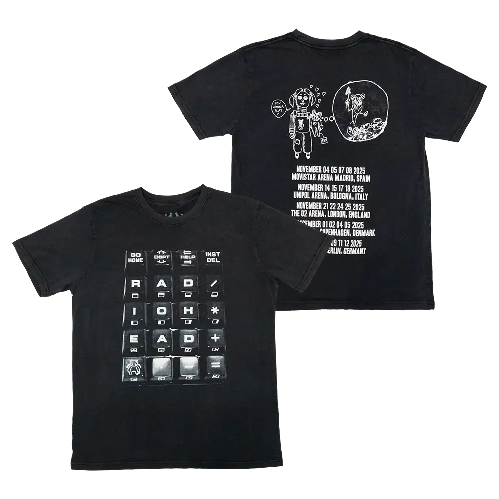 Washed Radiohead 2025 Tour Double-Sided T-Shirt – Keyboard Graphic & Tour Dates Print Cotton Apparel for Indie Rock Fans