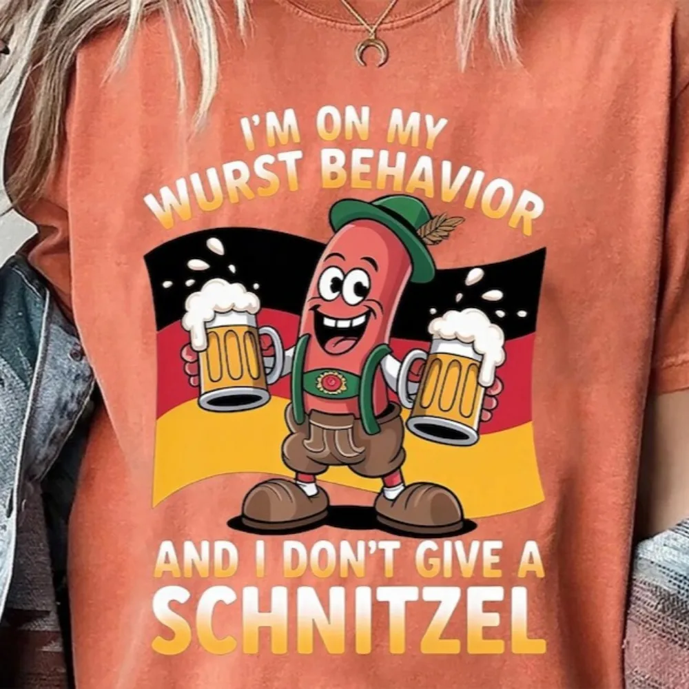 Camiseta divertida del Oktoberfest con estampado gráfico de salchicha y cerveza, camisetas clásicas de moda para mujer, ropa para club gastronómico