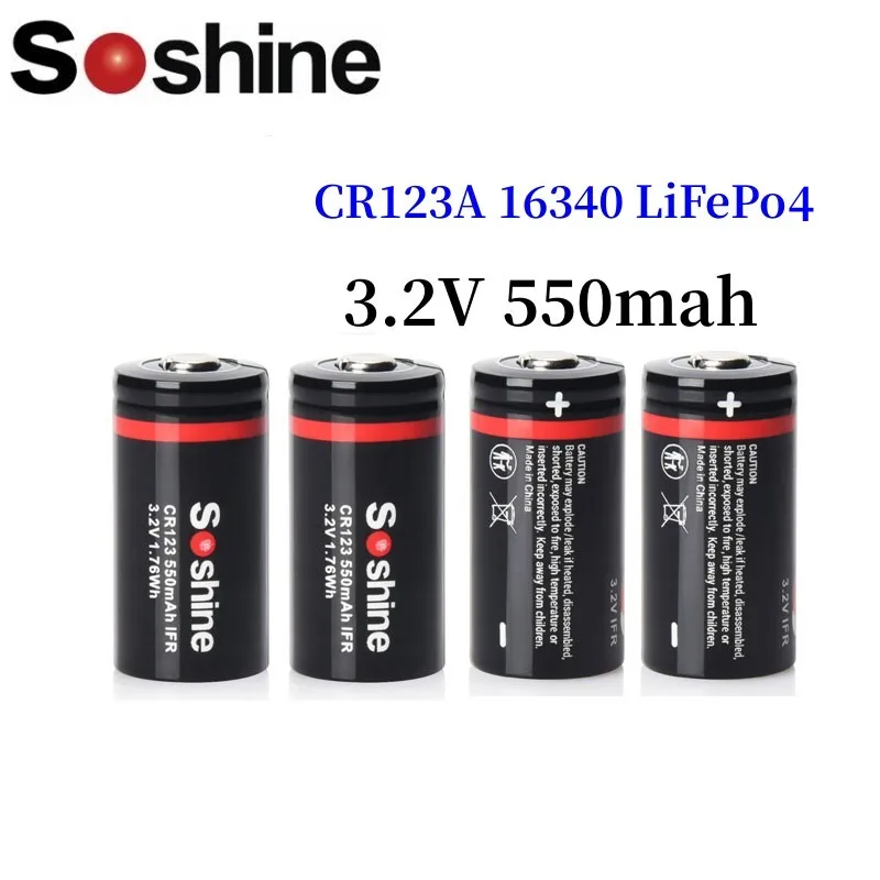 50pcs Soshine CR123A 16340 3.2V 550mah CR123 LiFePO4 rechargeable battery for LED Flashlight Headlamp