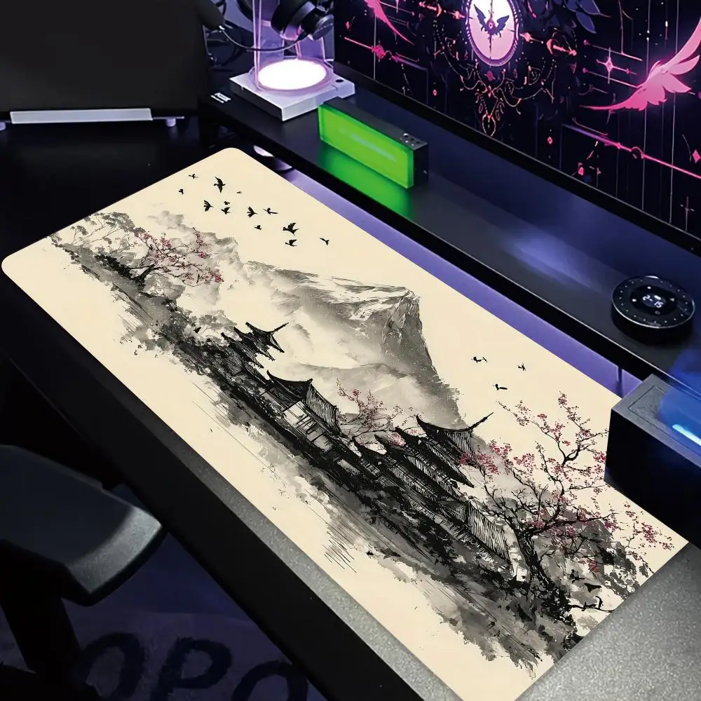 Ink Wash Cherry Blossom Scenery large Mouse Pad Desk Mat gaming mats Non-Slip Stitched Edge keyboard Extended pad Mouse carpet