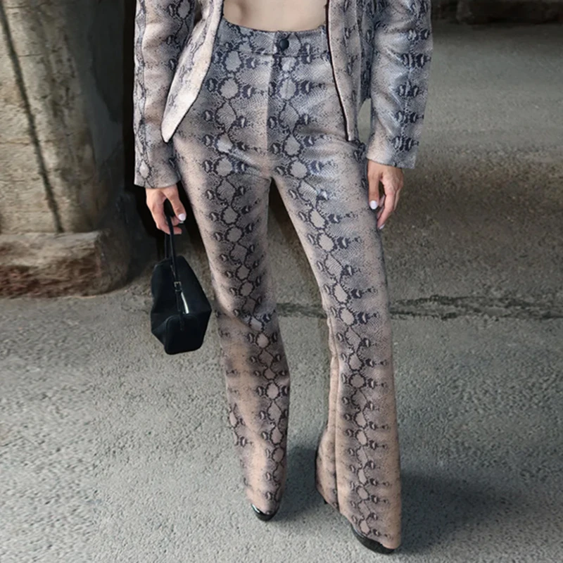 Schlangenmuster-Set mit V-Ausschnitt, Schnallenverschluss und Taillenbetonung: Mantel und Hose für Damen, Street-Style, Langarm, Schlanke Jacken, Schlaghosen, Neue Outfits – Detail 7