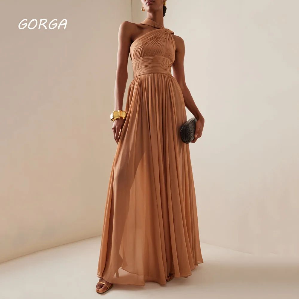 

GORGA Coffee Color Halter Pleat A-LINE 2024 Slim Backless Chiffon Ocassion Gown Floor-Length Evening Dressفستان سهرة نسائي