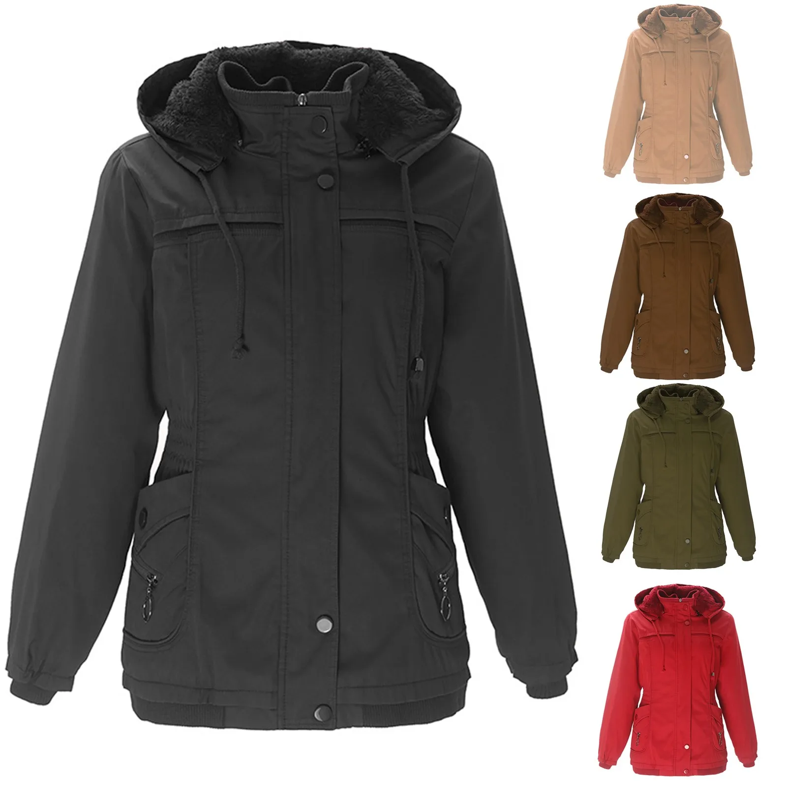 Women -Padded Fleece Mid-length Detachable Hood Warm Jackets for Women 2x Rain Coats for Women 2x