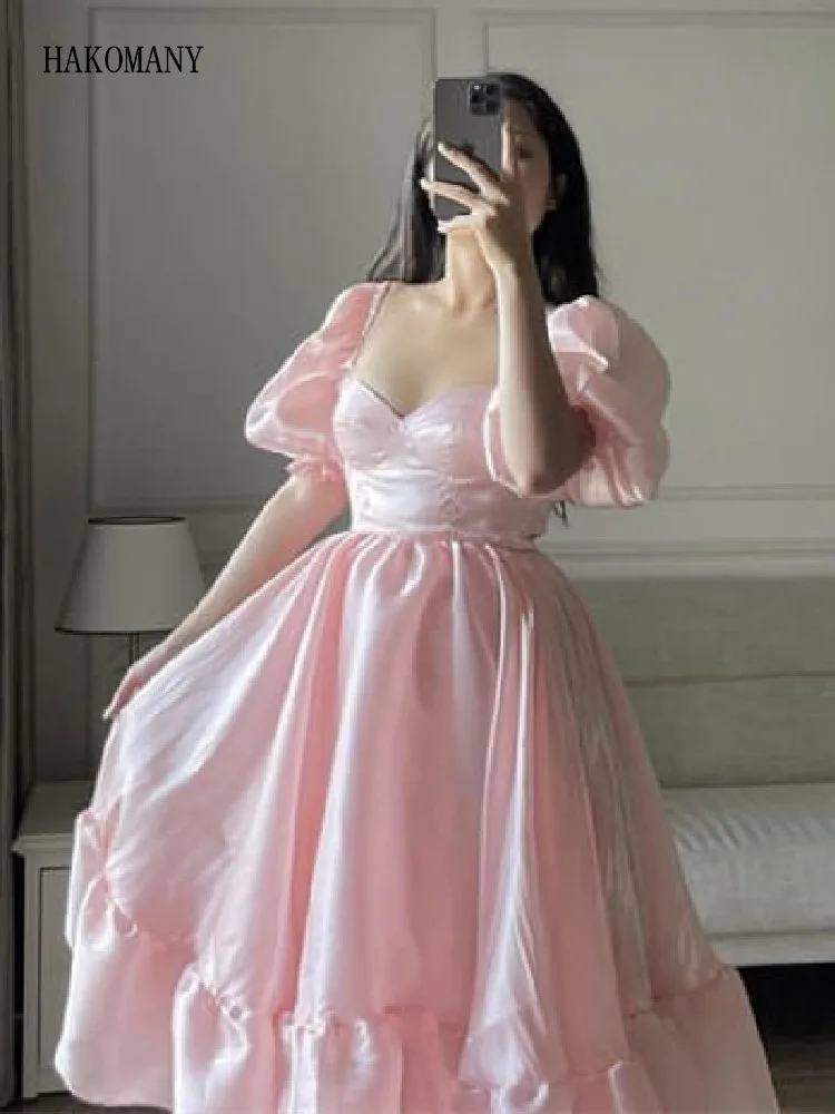 Women Swing Midi Robe Fairy Cake Vestidos Sweet Summer Pink Bright Organza Ball Gown Dress Square Collar Puff Sleeve Retro