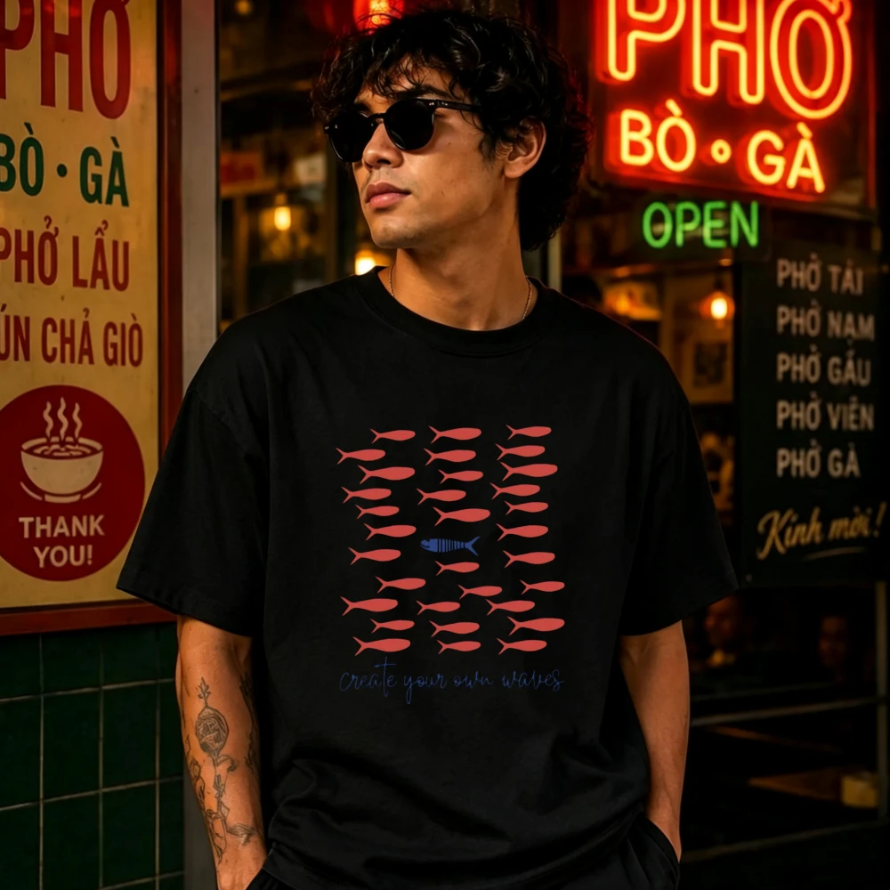 Unisex Create Your Own Waves Fish School Graphic T‑Shirt Unique Blue Fish Among Red Shoal Art Print O‑Neck Soft Cotton Loose Tee