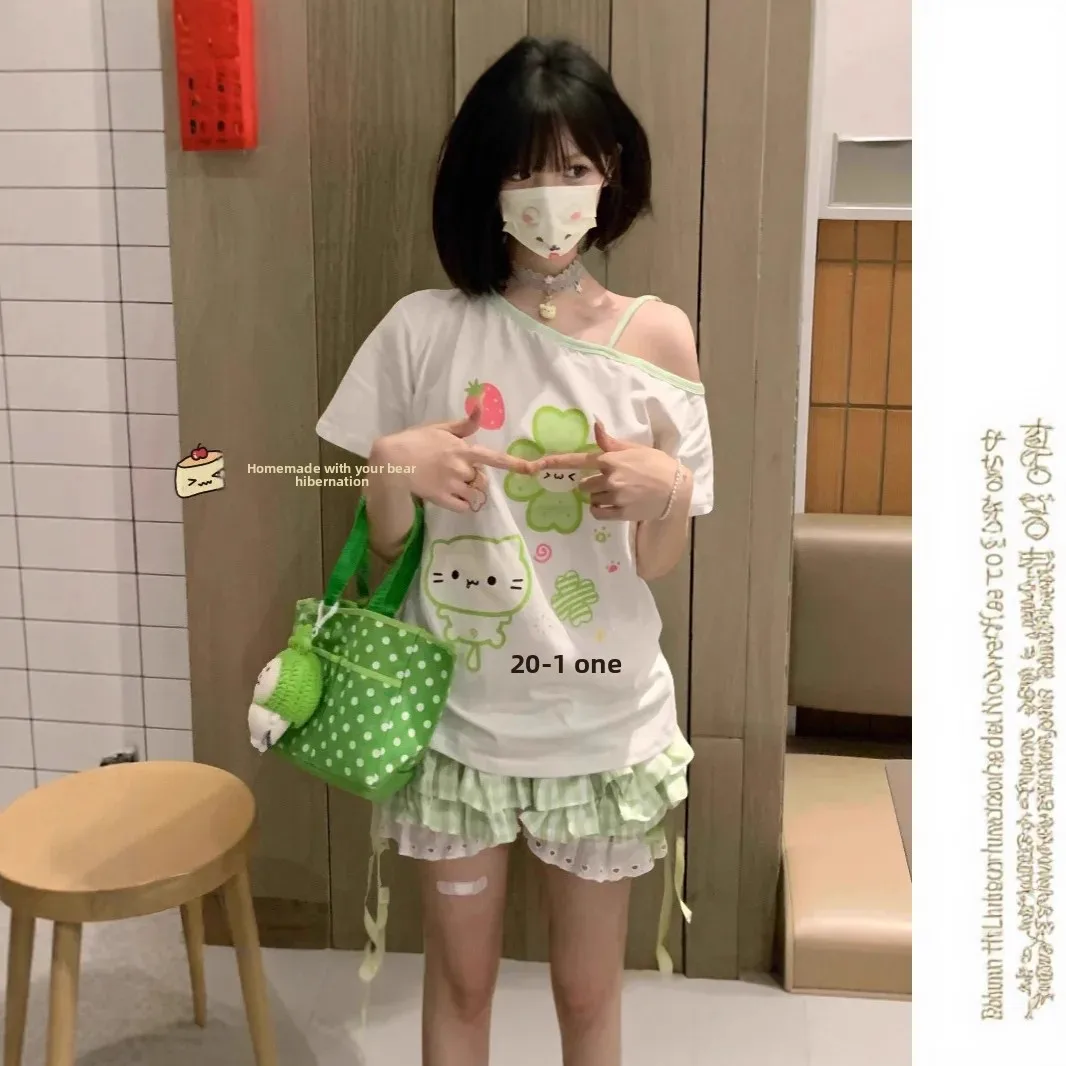 Cute Sweet Japanese Style Four Leaf Clover Shoulder Bared Short Sleeve T Shirt Women Summer Lazy Fresh Color Collision Slimming