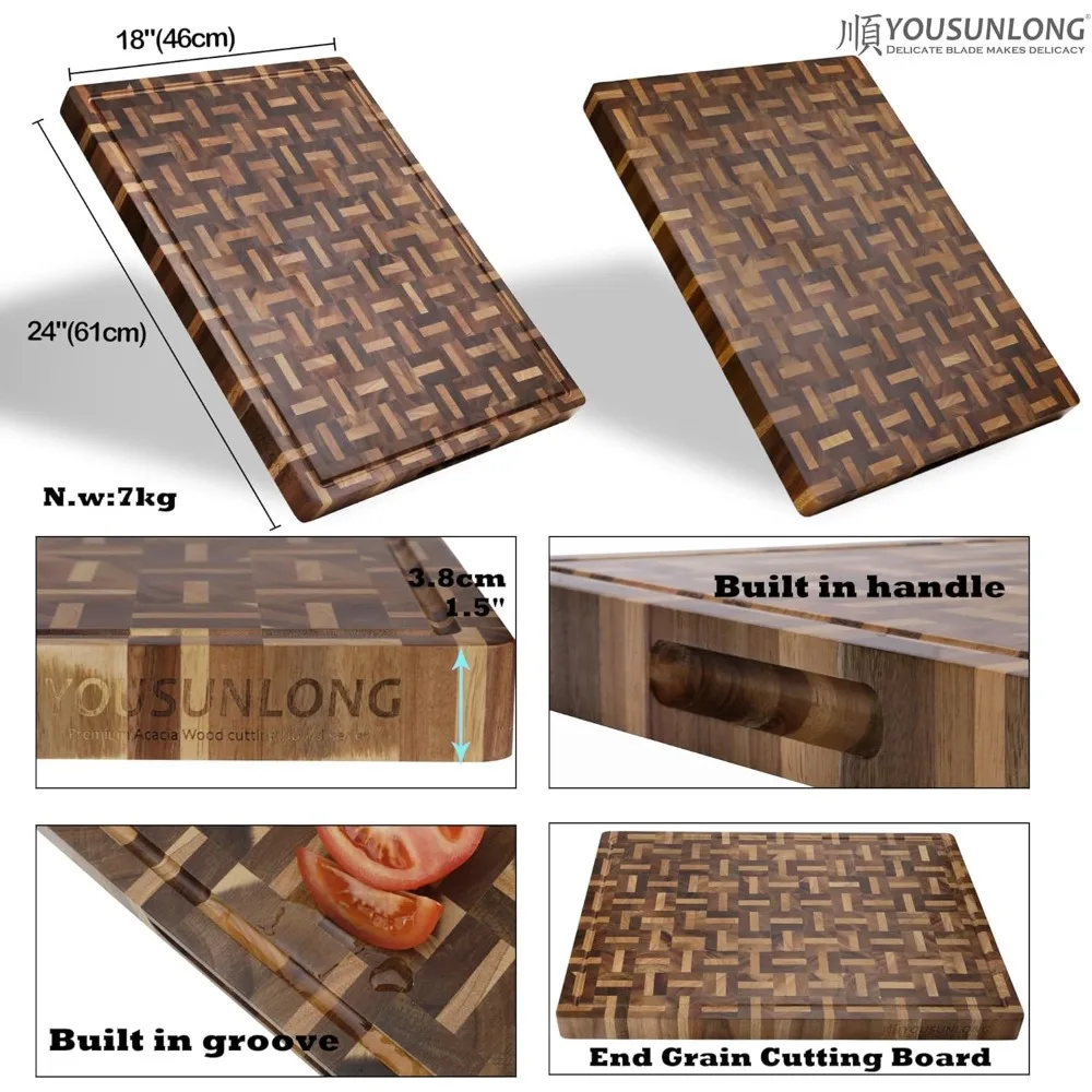 Cutting Board XXL Large End Grain Acacia Wood Mixed With Oak 24x18x1.5 Inch Reversible Butcher Chopping Board