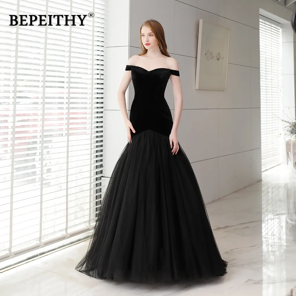 

BEPEITHY Black Elegant Mermaid Evening Dress For Women Court Train Off The Shoulder Vestido De Fiesta Female Robe De Soirée 2023