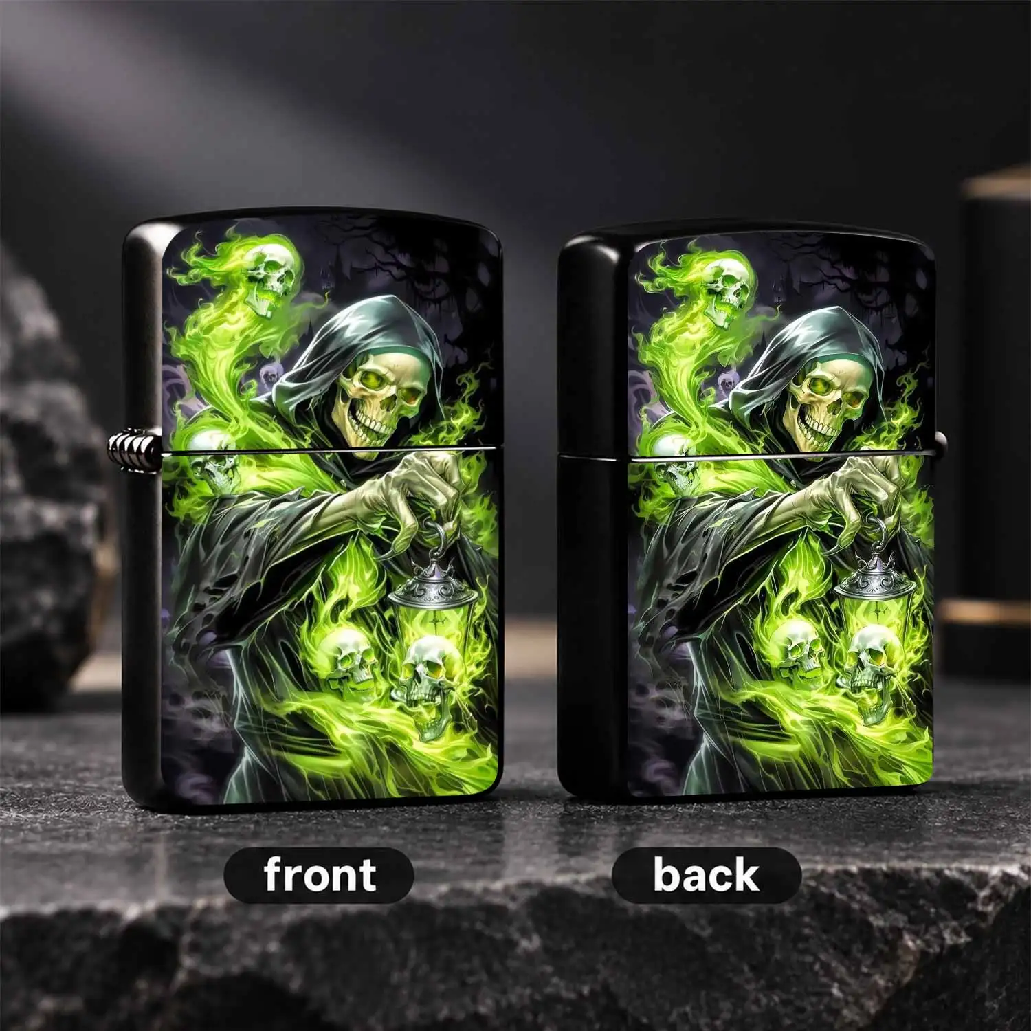 Vintage Grim Reaper Green Flame Skull Themed, Cool Dark Style Printed PORTABLE Igniter, Durable  windproof for Men Gift, Ideal for Outdoor Daily Use, Spooky Skull Ambience Decor, Reliable Igniter for Camping Home A fun and humorous lighter