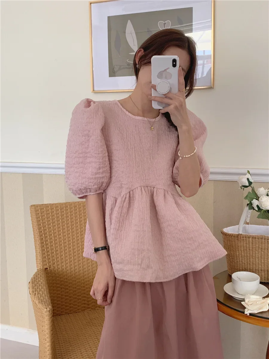 Korobov Korean Puff Sleeves Solid Color Folds Temperament Commute Loose Blouse O-Neck Casual Lace Womens Tops Camisas De Mujer