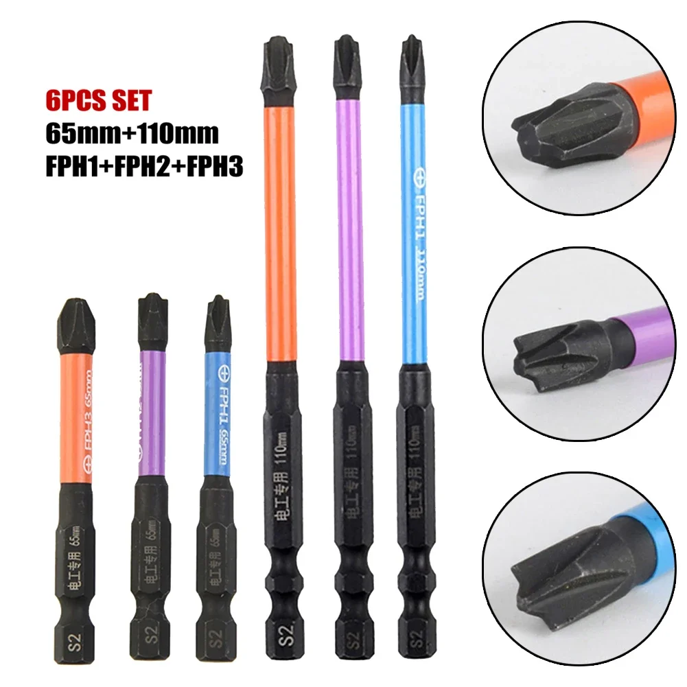 

6pcs 65mm 110mm Special Slotted Cross Screwdriver Bit FPH1 FPH2 FPH3 Phosphating Rust Proof Bit For Electrician Tools