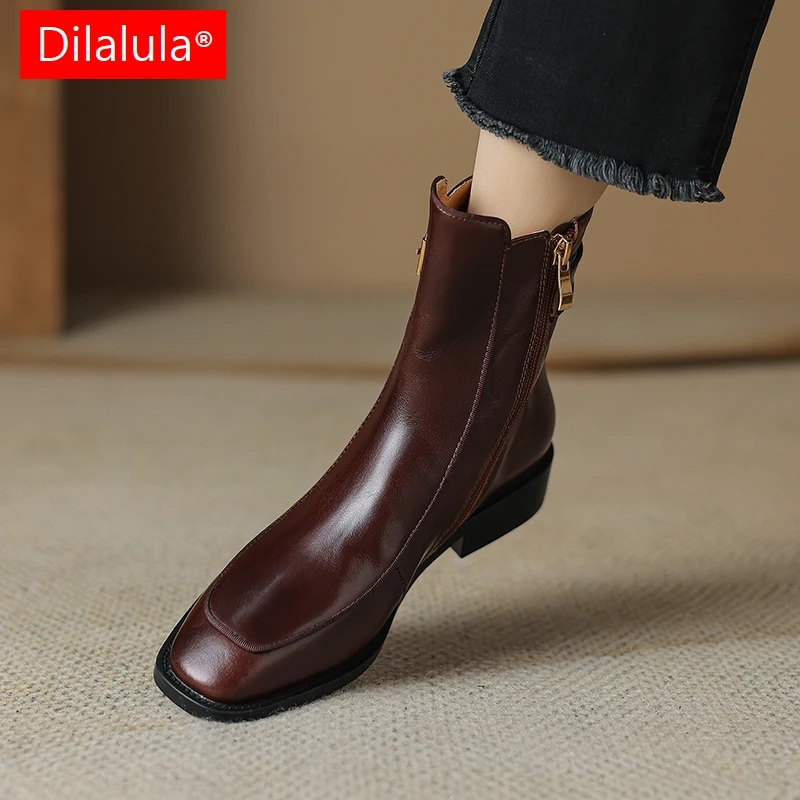 Dilalula 2025 New Autumn Winter Genuine Leather Women Ankle Boots Low Heels Retro Square Toe Causal Female Short Boots Leather