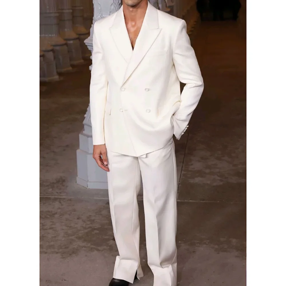 

Elegant Men's 2-Piece Suit White Double Breasted Jacket Pants Slim Fit Attire For Wedding Groom Banquet Formal Event