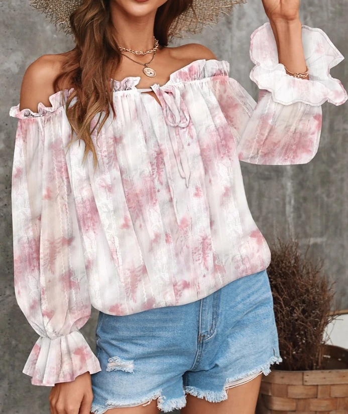 Women's Blouse Tops New Casual Plants Print Lace Patch Cold Shoulder Top 2025 Fashion Female Shirt for Women Clothing