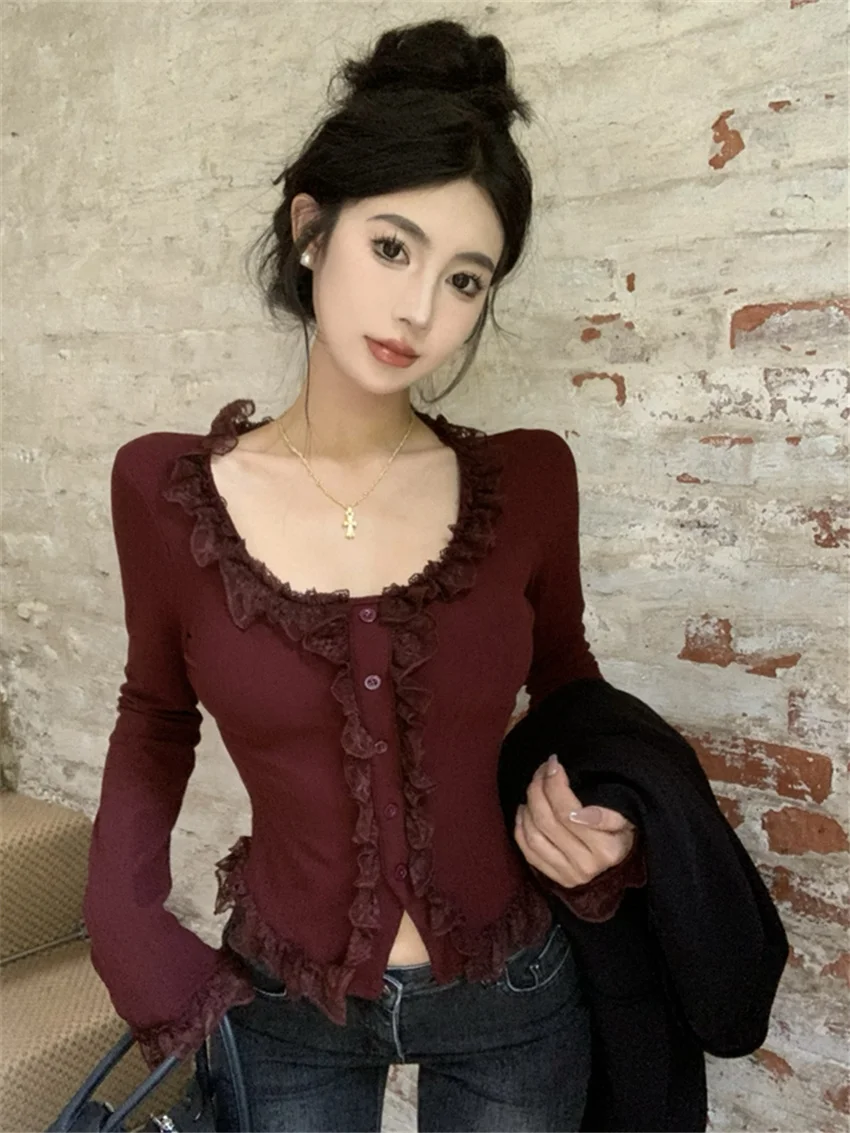 Alien Kitty Sweet Lace T-Shirts Women Chic Slim New Winter All Match Loose Ruffles Gentle Plush Warm Full Sleeve Sexy Tees