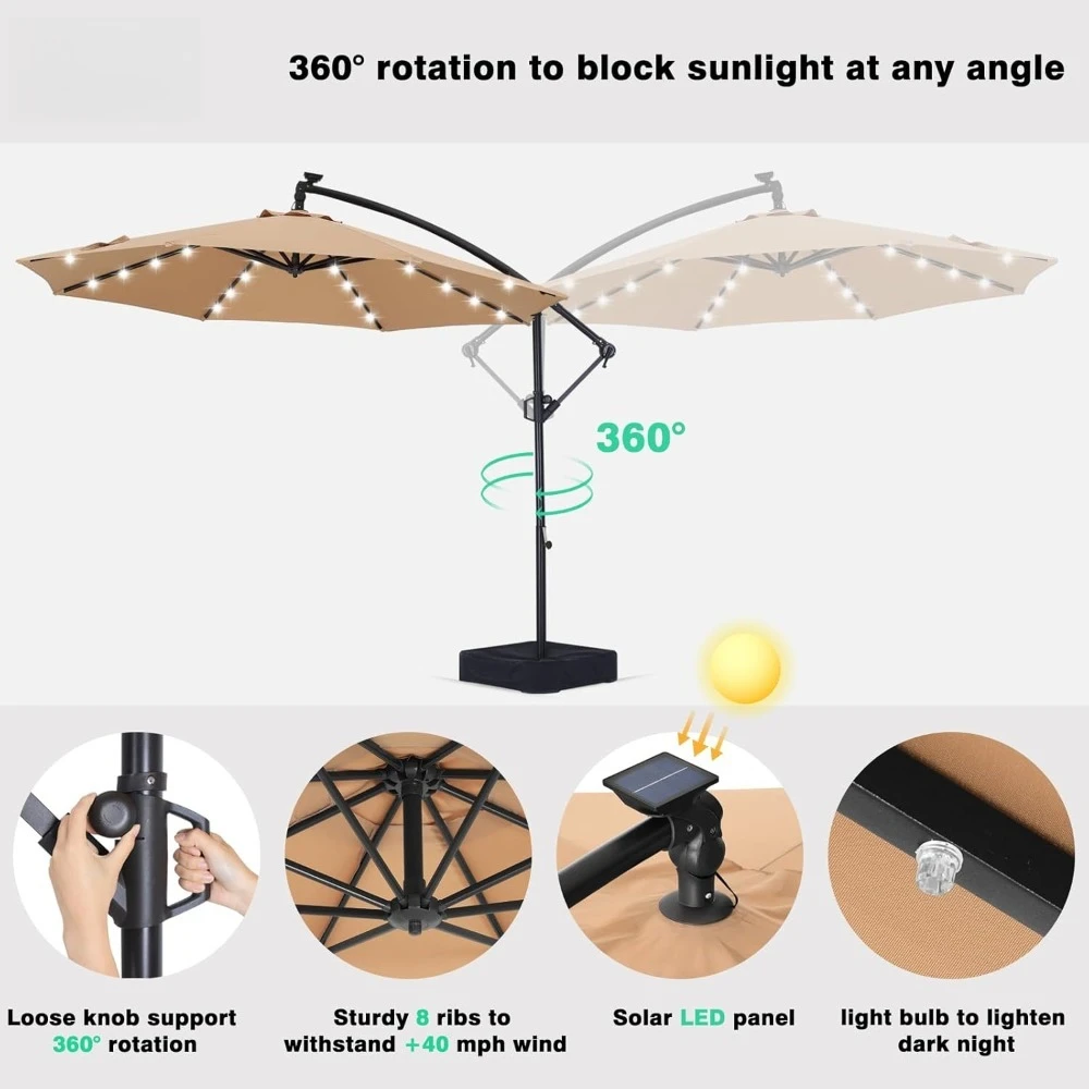 Ombrelloni da giardino a LED da 10 piedi, ombrellone a sbalzo con base, 360 °   Cornice fissa bonus per ombrellone offset illuminato da esterno con rotazione