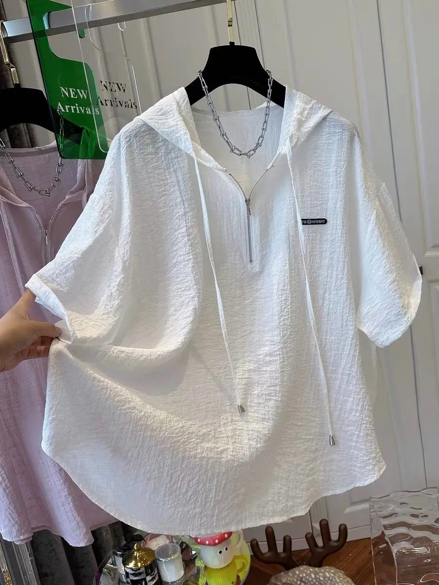 Lightweight Short Sleeve T-Shirt Women's Loose Fit Spring Summer Half Zip Hoodie Thin Transparent Design Korean Style Commute