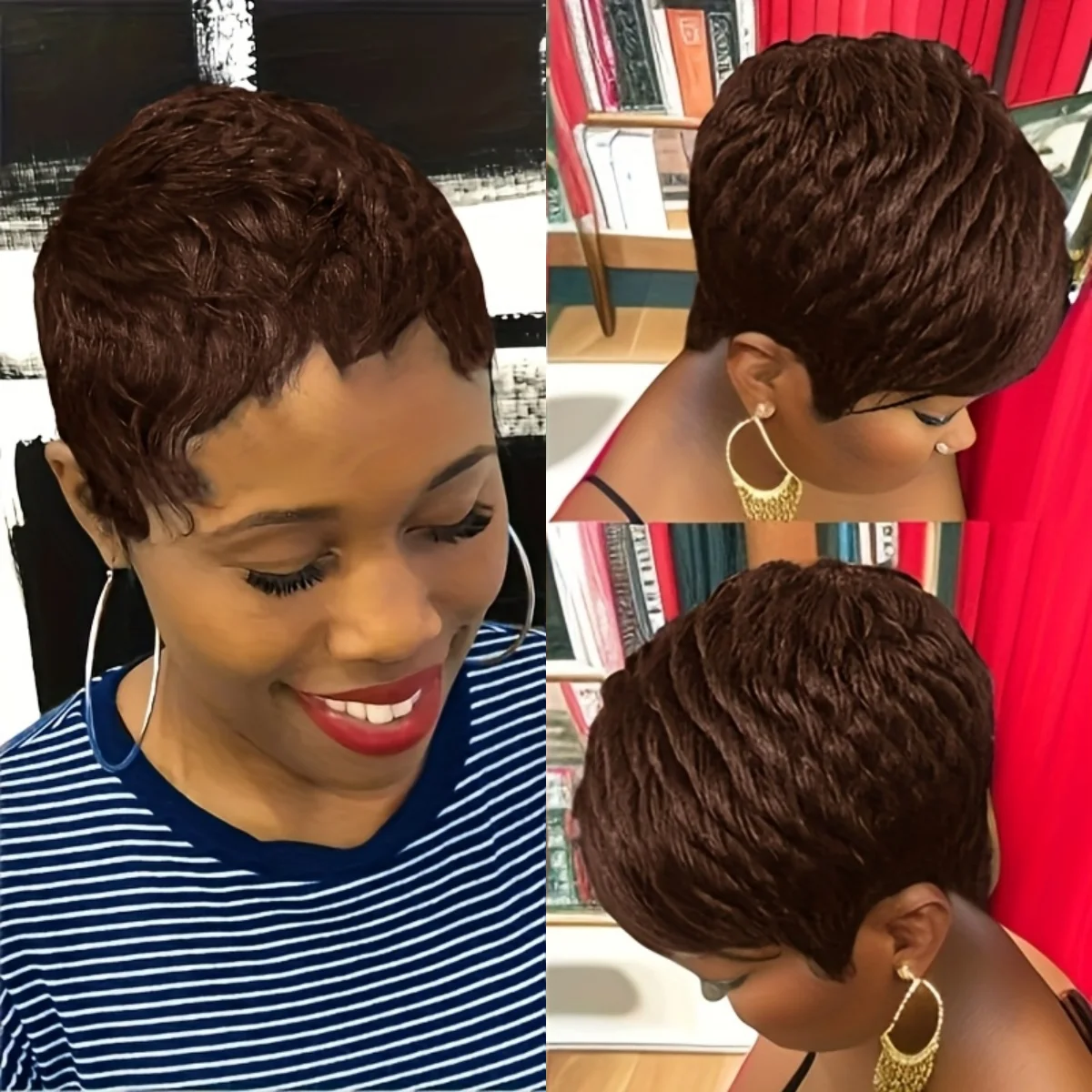 ショートブラウンフルマシンメイドウィッグ人毛ショートナチュラルストレートレイヤードカットピクシーウィッグ