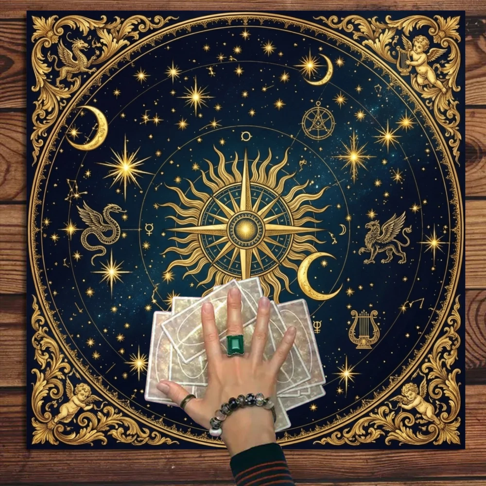 1pc European Retro Style Party Tablecloth Starry Sky Tablecloth Dark Blue Golden Sun Moon Constellation Pattern And Mysterious
