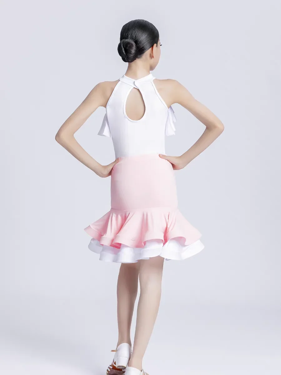 Traje de baile latino rosa, vestido de baile para niñas, vestidos de baile de Tango Cha Rumba, traje de actuación para niñas, ropa de práctica latina para niños