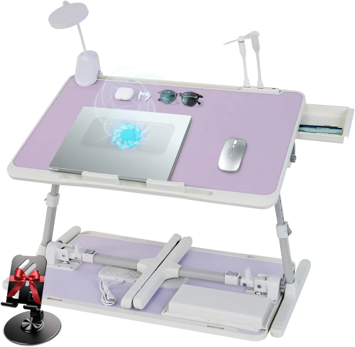 

Adjustable Laptop Desk with Cooling Fan, LED Light & Storage Drawer - Foldable Bed Table 60x40cm Purple