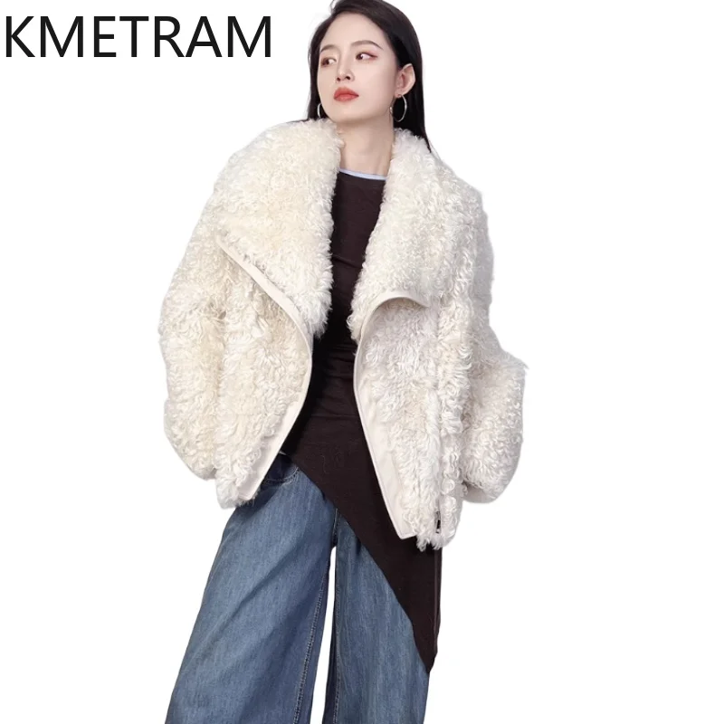 내추럴 메리노 울 양털 양면 퍼 재킷 여성 고품질 큰 라펠 리얼 퍼 코트 겨울 여성 의류 2025
