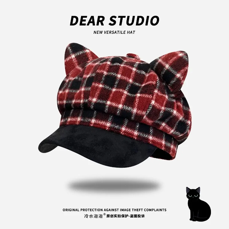 Japanese Cute Cat Ear Plaid Octagonal Newsboy Cap for Women Beret Autumn and Winter Street Art Versatile British Painter Hat