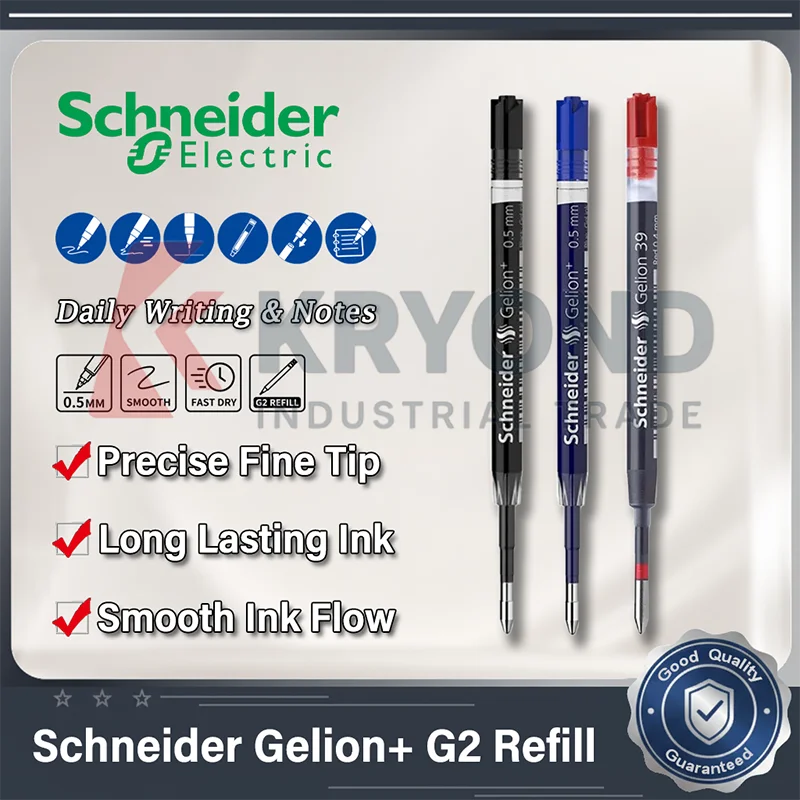 Schneider Gelion+ G2 Gel Ink Pen Refill 0.5mm Smooth Writing Quick Dry Black Blue Red 3/5/10 Pack for Office School Note Taking