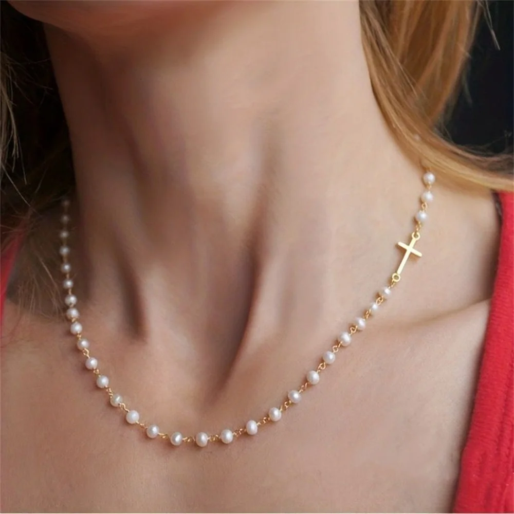 Fashionable And Minimalist Small Cross Pearl Necklace Women's Short Collarbone Accessory