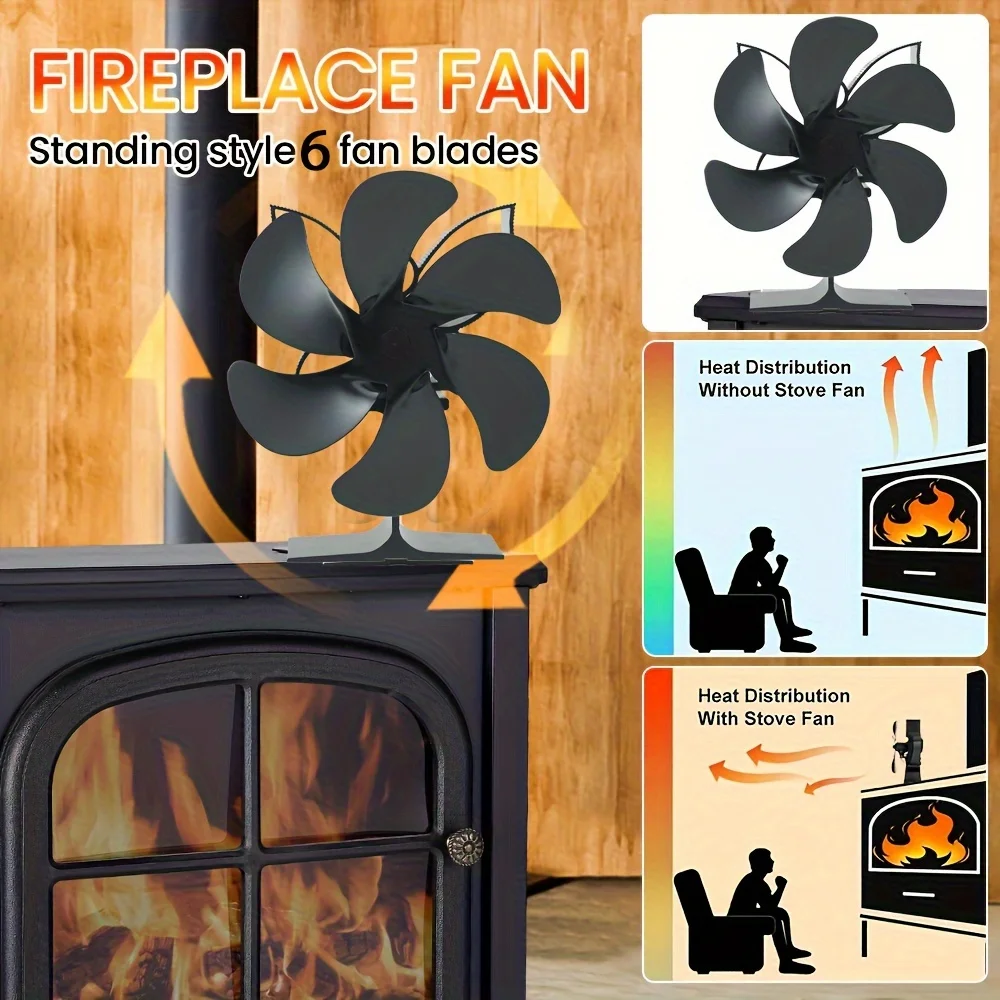 50-350℃ 6-Blade Wood Stove Fan Thermometer Non-Electric Heat-Powered Heat Distribution Ideal for Log Burners Fireplaces Set