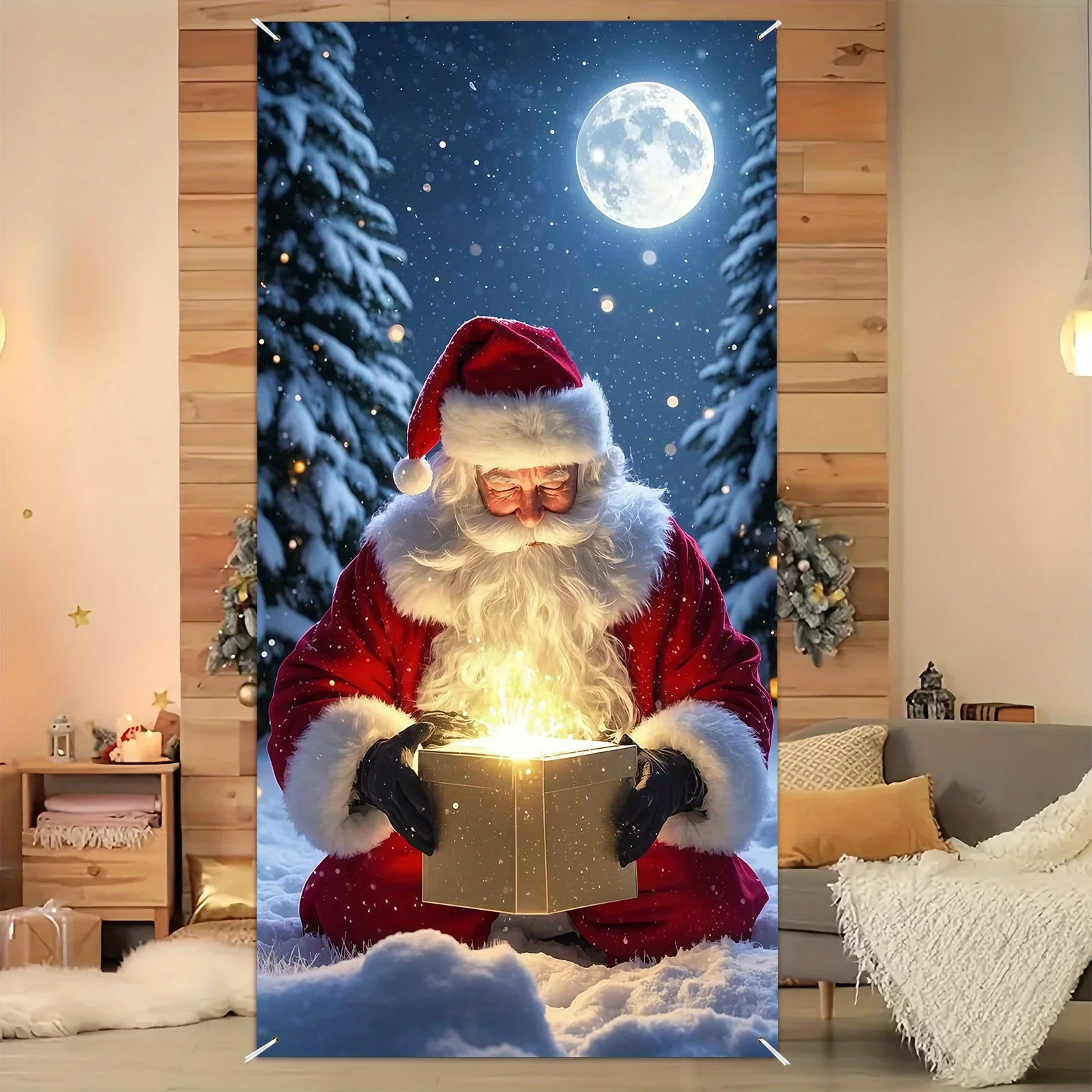 1 Stück, Weihnachts-Türrahmen-Banner aus Polyester – Weihnachtsmann-Design, Weihnachtsgeschenkbox, Party-Dekoration für Winterfestivals