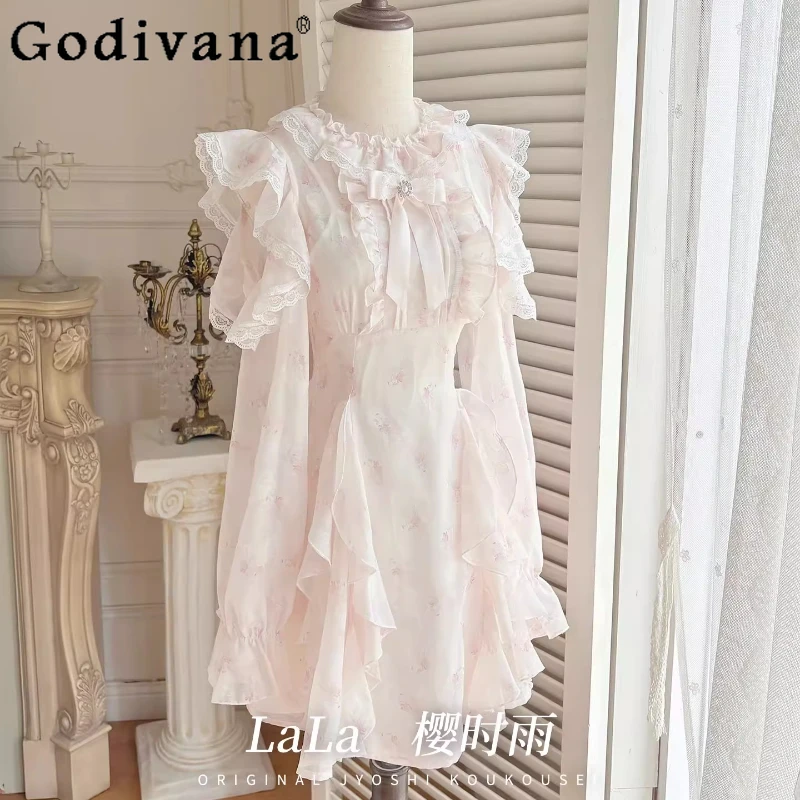 

Original Design Japanese Lolita Sweet Elegant Ruffled Off-Shoulder Dress Autumn New Girl's High-Waisted Slim Long-Sleeve Dress