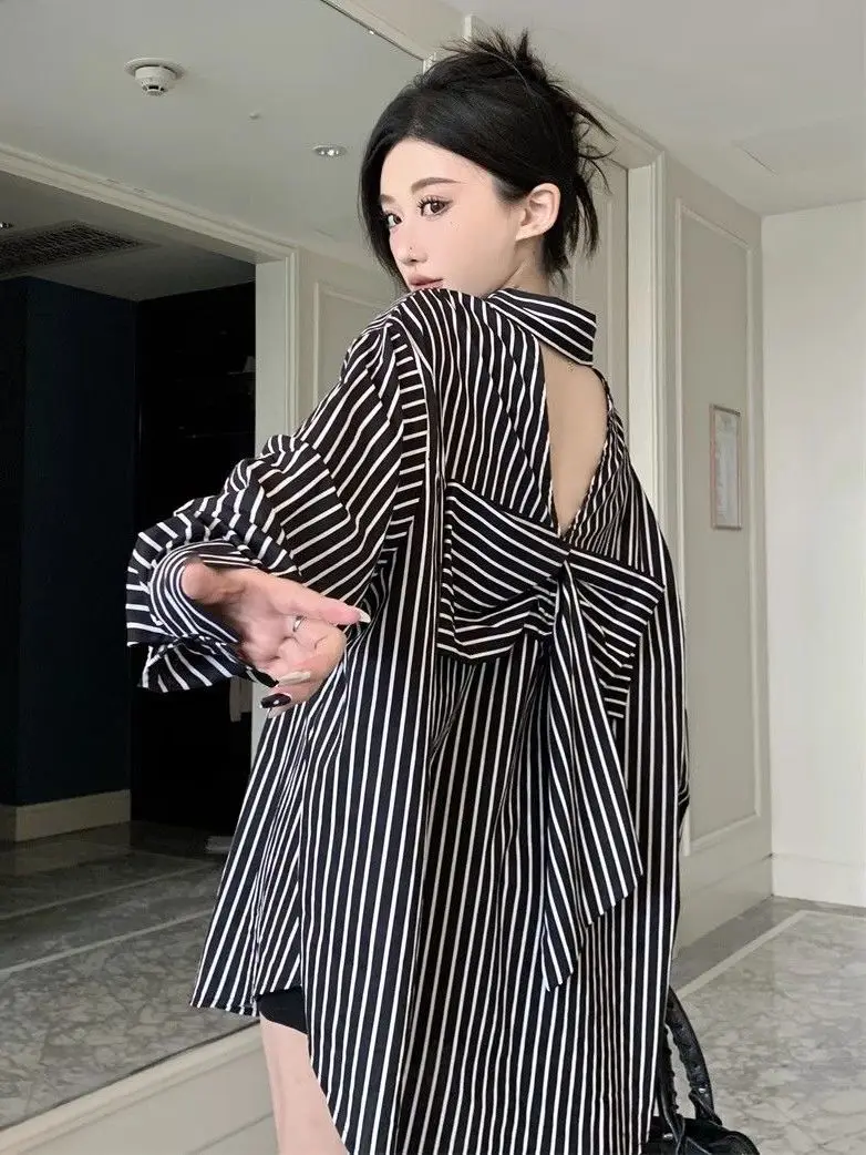 Korean Design Striped Long Sleeved Shirt For Women's Spring And Autumn Lazy Style Loose Fitting Mid Length Top