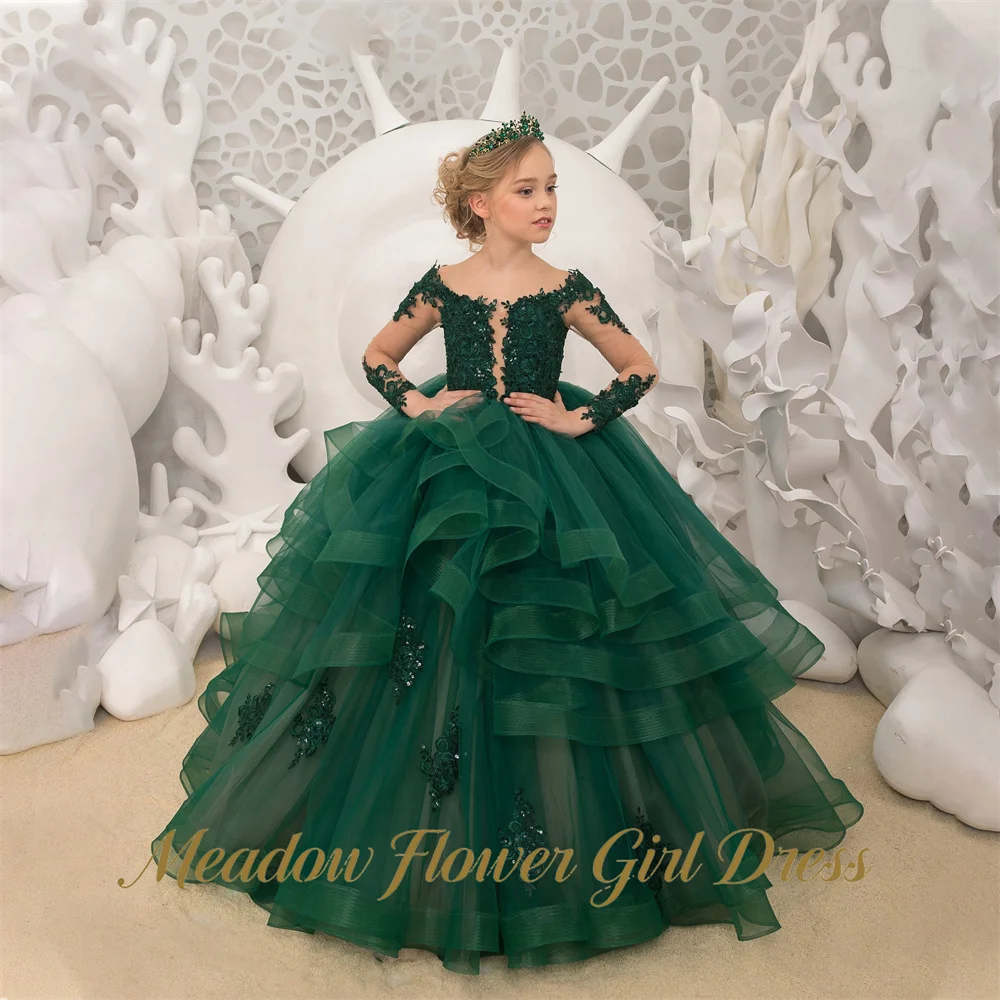 Meadow  Dark Green Princess Girls Dress Deep V Neck First Communion Gown Lace Applique Modest Children Birthday Wedding Dresses