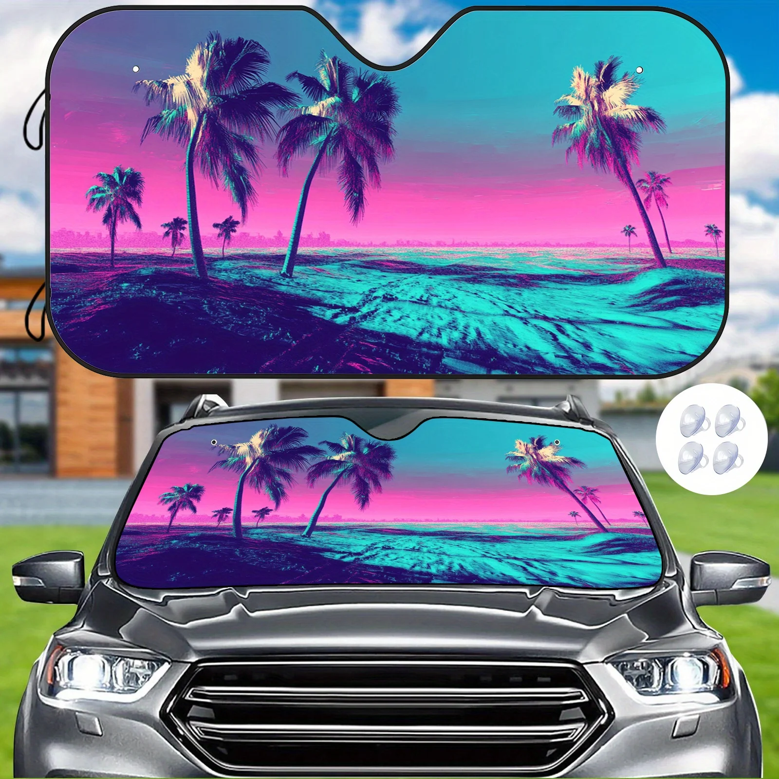 

1pc Universal Fit Car Sunshade With Vibrant Pink & Blue Palm Beach Sunset Design - Heat-Resistant Scratch-Proof UV Protection Fo