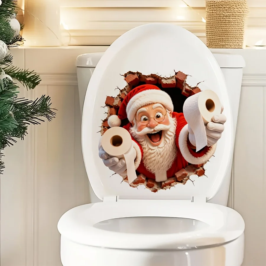 1 Sheet 9.84×9.84in Cute 2D Cracked Tile Santa Toilet Paper Wall Sticker, Self-Adhesive PVC Xmas Decal for Bathroom Cafe Decor view 2